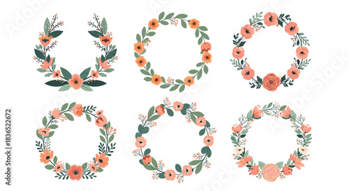 Beautiful set of six unique, hand-drawn circular floral wreaths in shades of coral and peach, perfect for wedding invitations, logos, and branding.