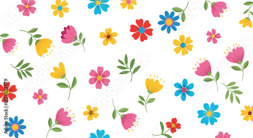 Bright and playful seamless pattern of simple, colorful flowers in pink, yellow, and blue, scattered with green leaves on a clean white background.