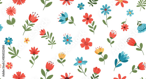 Cheerful and charming seamless pattern of various colorful wildflowers in red, blue, and yellow, scattered on a clean white background for a fresh look.