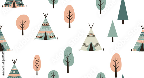 Cute Scandinavian-style seamless pattern featuring whimsical teepees and stylized trees in pastel colors, perfect for nursery decor and children's textiles.