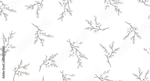 Minimalist and delicate seamless pattern of scattered tiny blossoms on fine branches, creating a subtle and elegant floral texture for backgrounds or textiles.