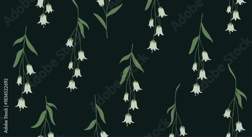 Elegant and moody seamless pattern of delicate white bell-shaped flowers hanging gracefully with green leaves against a dark, dramatic background.