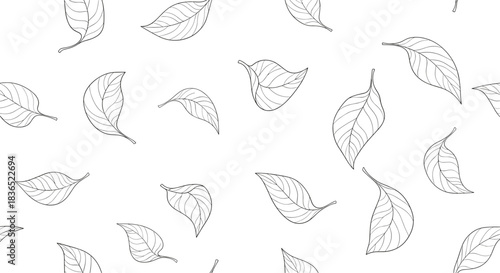 Minimalist seamless pattern of delicate, hand-drawn outline leaves scattered on a white background, creating a clean and simple botanical texture.