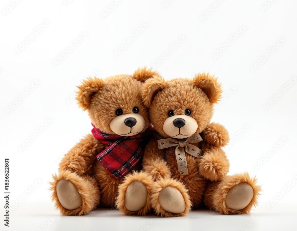 Fototapeta premium Two cute brown teddy bears sit together, one wears a red plaid scarf, the other a ribbon bow. Symbolizing friendship and support, these soft plush toys offer comfort and warmth.