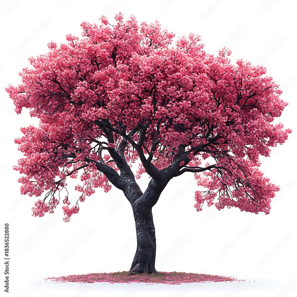 Fototapeta premium Full Bloom Pink Cherry Blossom Tree with Scattered Petals on photo White sakura tree pink flowers