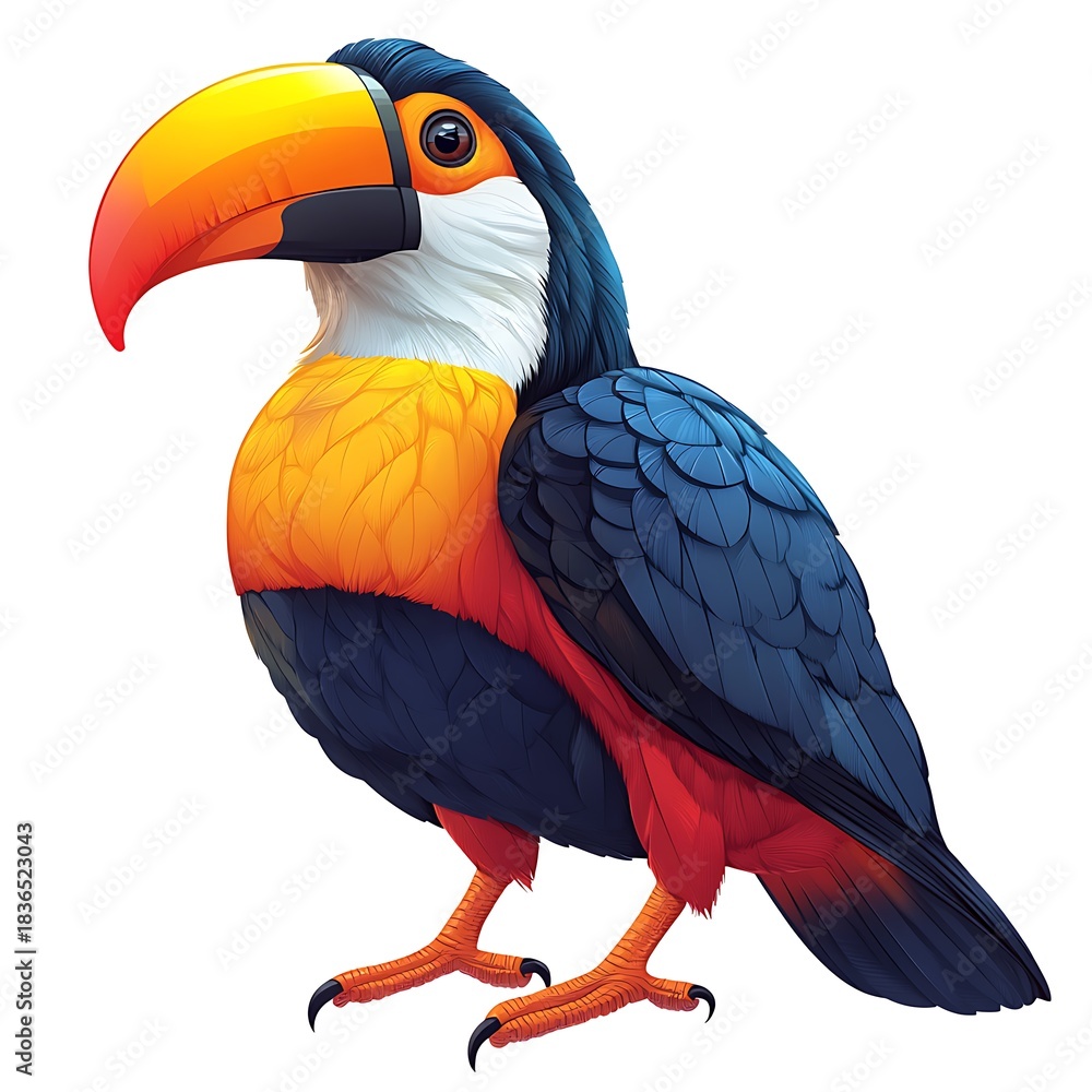 Obraz premium Full Body Toucan with Red Legs and Blue Plumage on photo White bird tropical
