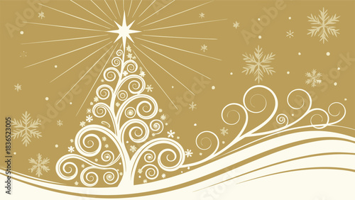 Golden Christmas background featuring a glowing magic tree adorned with lights and snowflakes, vector illustration.