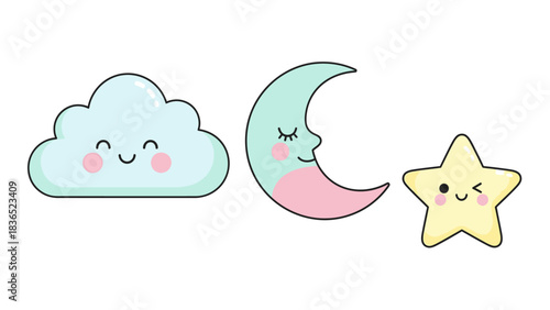 Sweet dreams await with this adorable cloud, crescent moon, and winking star trio for nursery decor, baby products, or children's book illustrations