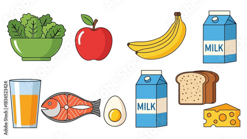 Vibrant collection of essential healthy food icons illustrating balanced nutrition for diet plans and wellness projects
