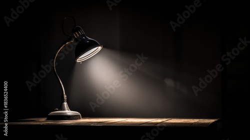 Elegant Black Desk Lamp Illuminating a Wooden Surface in Dark Surrounding, Creating Dramatic Light and Shadow Effects Perfect for Home and Office Decor