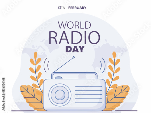 World Radio Day Illustration with Vintage Radio Antenna Sound Waves and Plants on February Thirteenth