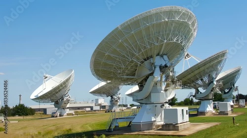 White radio telescopes in a field under a bright blue sky