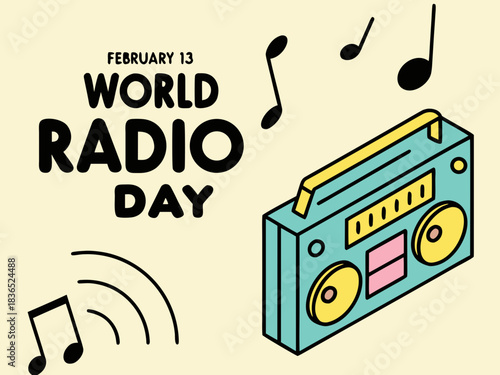Celebrating World Radio Day on February 13th with a Retro Boombox and Musical Notes Illustration