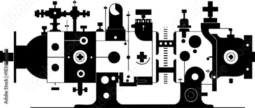 Stylized black and white mechanical engine illustration