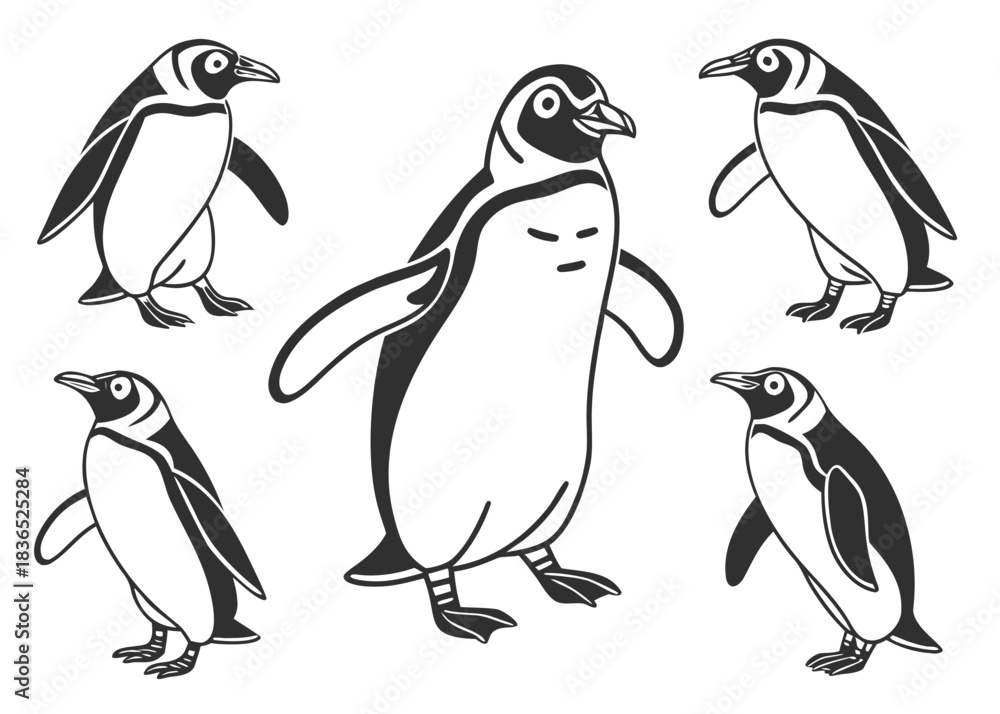 Naklejka premium Collection of five black and white penguin illustrations in various poses
