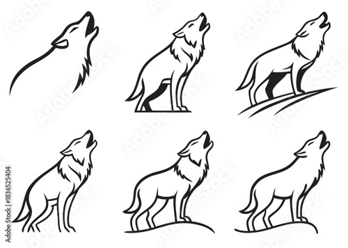 Collection of stylized wolf howling vector illustrations in black and white