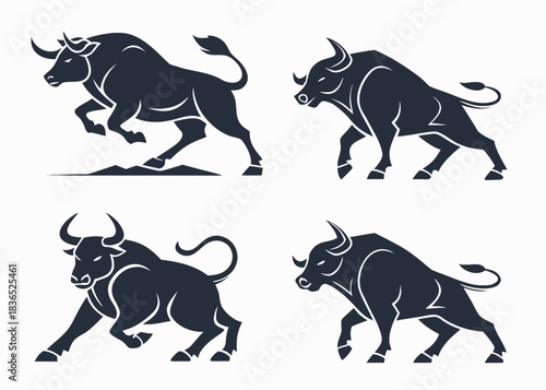 Collection of stylized bull silhouettes in dynamic poses