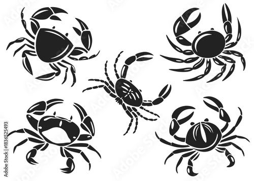 Collection of five black crab silhouettes on a white background