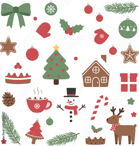 Christmas element collection, snowman, reindeer, gingerbread, ornaments, gifts, tree, cake, festive icons, flat vector illustration
