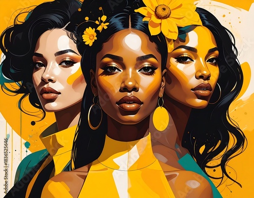 Three women in an abstract portrait, bold yellow and teal