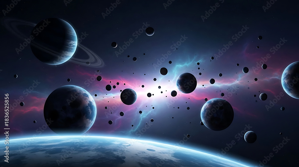 Obraz premium Cosmic nebula with planets and asteroids