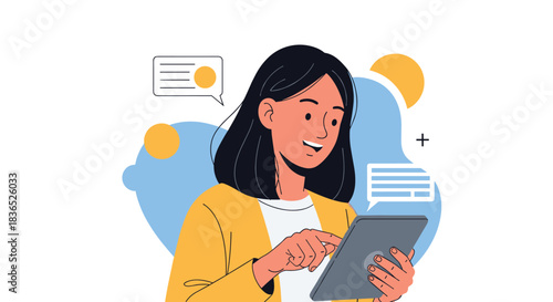 Young woman smiling while using a tablet, with abstract shapes and speech bubbles in the background.
