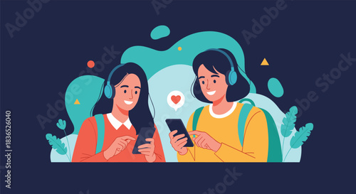 Two young women wearing headphones and looking at their phones with a heart icon between them.