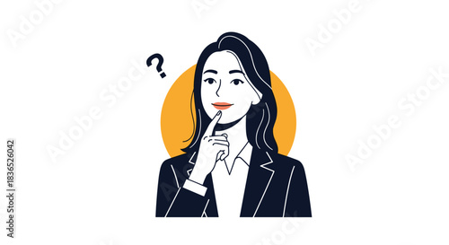 A woman in a suit contemplates with a question mark above her head.