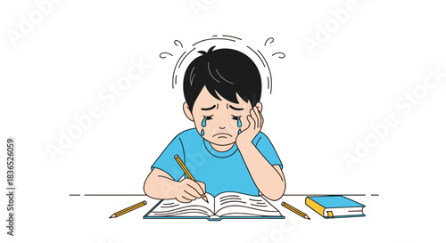 A crying boy is struggling to do his homework at a desk with books and pencils around him.