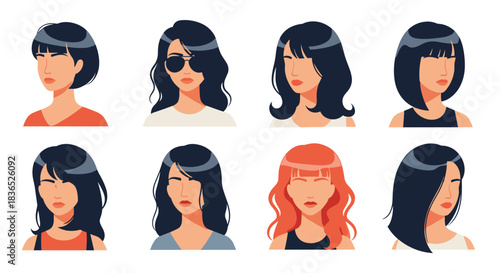 Collection of eight diverse female avatars with different hairstyles and skin tones.