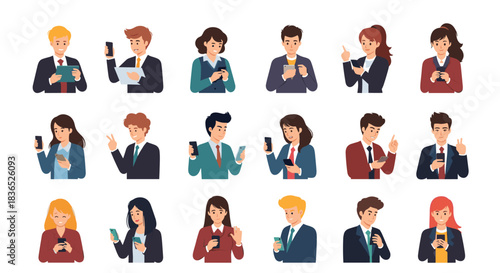 Diverse group of business professionals using their mobile devices in various poses and expressions.