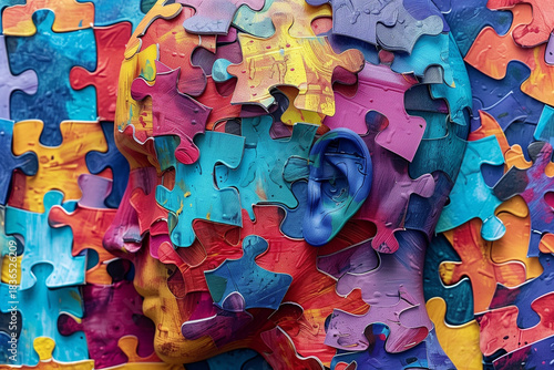 Rostro humano y piezas de puzle de colores