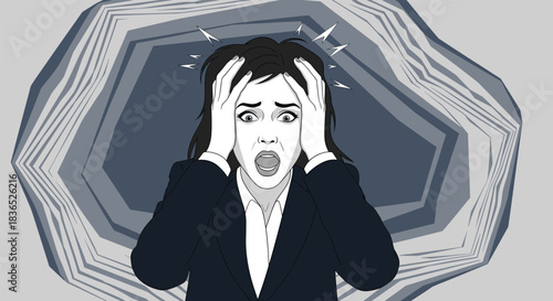 Woman with hands on head looking distressed, surrounded by abstract blue geometric shapes.