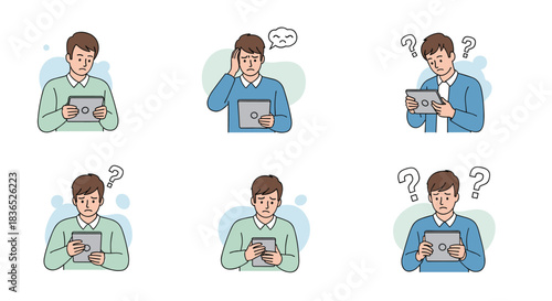 Young man with a tablet shows various expressions of confusion, frustration, and thought.