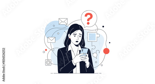 Confused woman looking at her smartphone with notifications and a question mark floating around her.