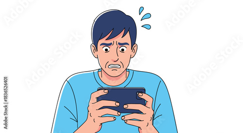 Man looking stressed while playing a game on his smartphone with sweat drops above his head.