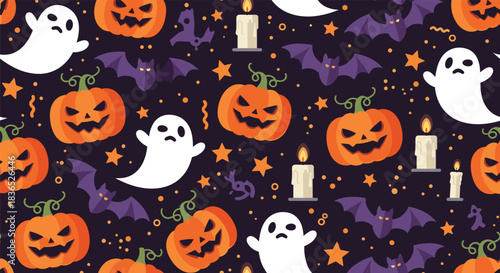 Halloween seamless pattern with spooky ghosts, jack-o'-lanterns, bats, and candles on a dark background.
