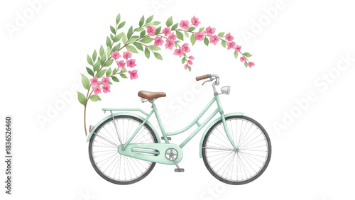 Vector illustration of watercolor vintage bicycle with pink flower garland isolated on transparent background