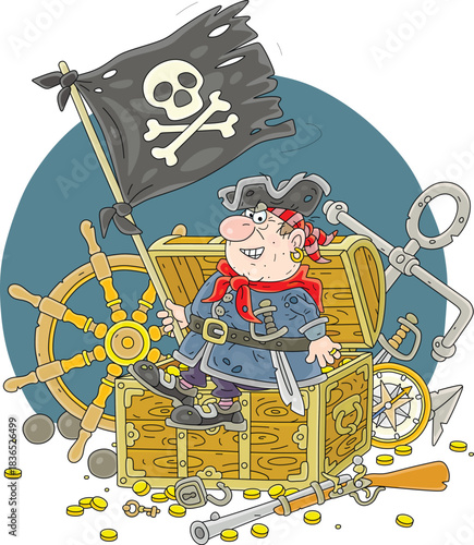 Funny sea pirate and a wooden treasure chest full of golden coins from a boarded ship, a black Jolly Roger flag, an old anchor and helm, vector cartoon illustration on a white background