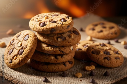 A stack of freshly baked chocolate chip cookies with nuts on a rustic burlap cloth, with a warm, blurred background suggesting a cozy atmosphere.