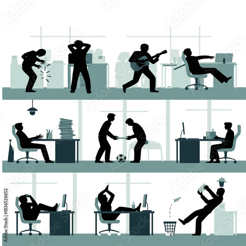 Silhouetted office workers engage in stressful, playful, and chaotic workplace activities across multiple busy office scenes.