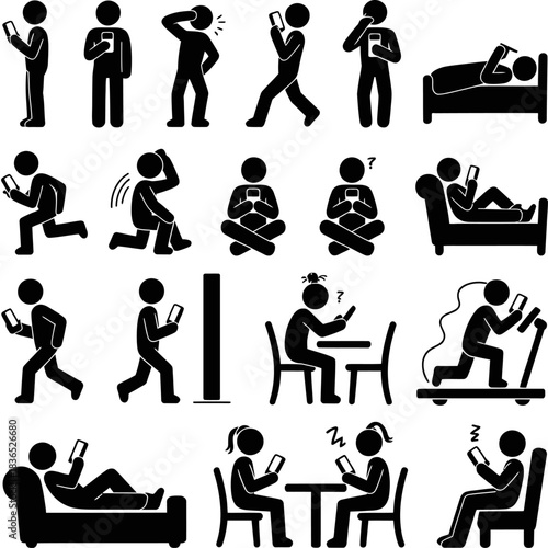 Stick figures engaged with smartphones in various daily activities, illustrating modern device dependence and distraction.