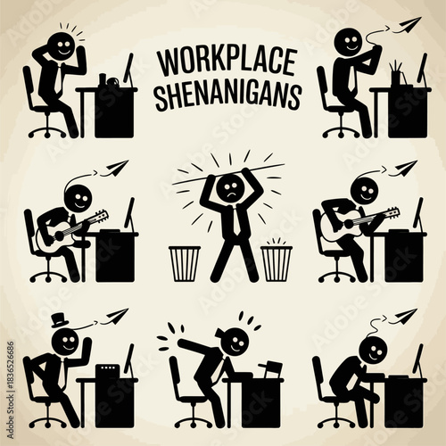 Playful stick-figure office workers engage in humorous distractions and chaos during typical workplace shenanigans.