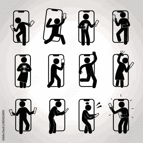 Silhouette figures trapped inside smartphone frames illustrate digital dependence, limited freedom, and modern screen-dominated lifestyles.