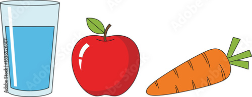 Healthy food vector illustration featuring a glass of water, fresh red apple, and carrot in simple clean flat style