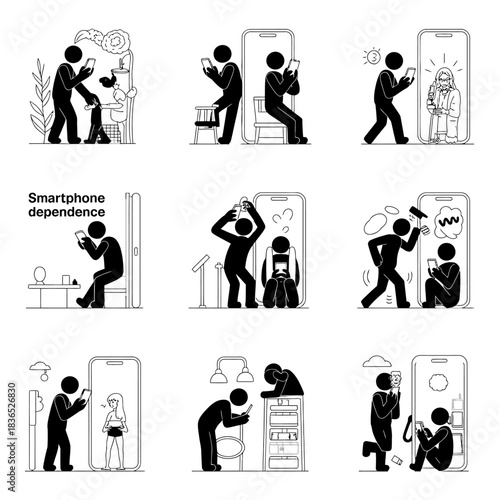 A series of illustrations showing people trapped in unhealthy smartphone dependence, ignoring real life interactions.
