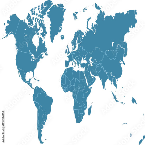 Blue world map silhouette showing continents and country borders in a clean, minimalist geographic layout.