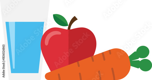 Healthy food vector illustration featuring a glass of water, fresh apple, and carrot in simple modern flat design