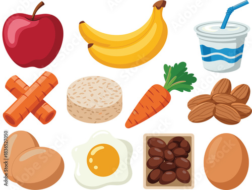 Healthy food vector illustration set featuring fruits, eggs, nuts, yogurt, beans, rice cakes, carrots, and nutritious snack items