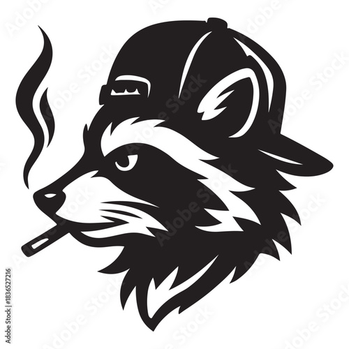 Raccoon in cap gazes forward holding smoking stick with attitude.